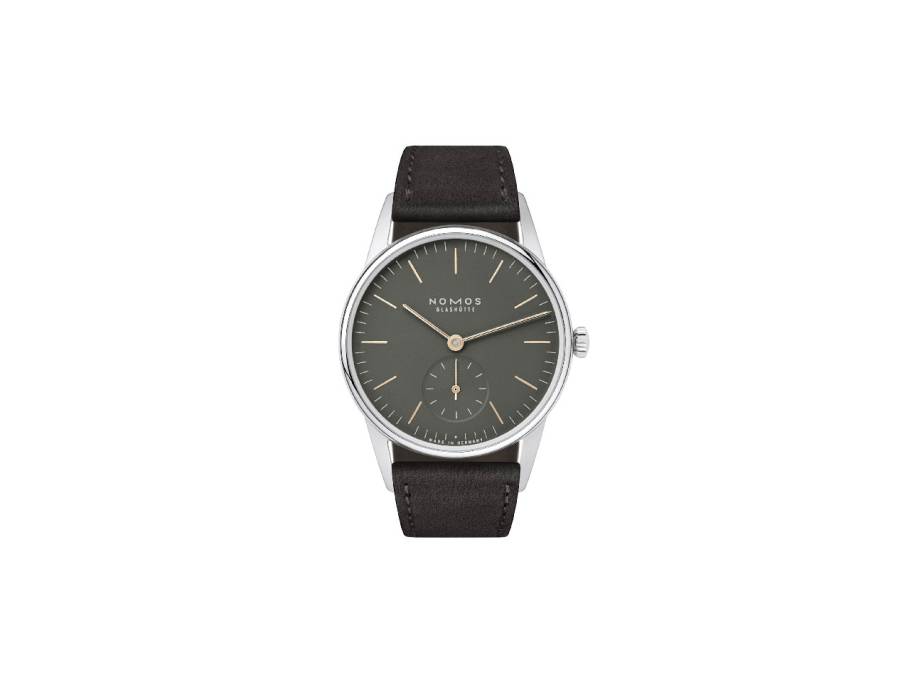 Orion 33 1989 Handaufzug Edelstahl 33mm graues Zifferblatt schwarzes Lederband Glasboden