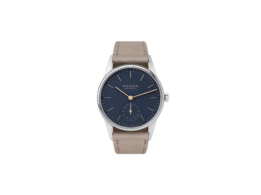 Orion 33 Nachtblau Handaufzug Edelstahl 33mm blaues Zifferblatt braunes Lederband Glasboden