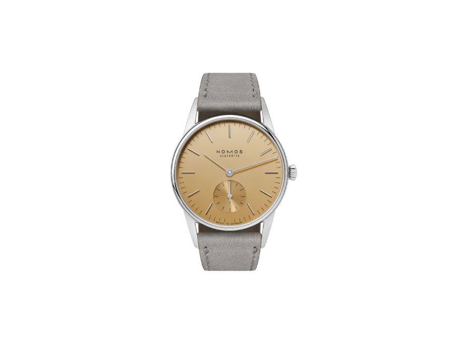Orion 33 Gold Handaufzug Edelstahl 33mm goldfarbenes Zifferblatt graues Lederband Glasboden