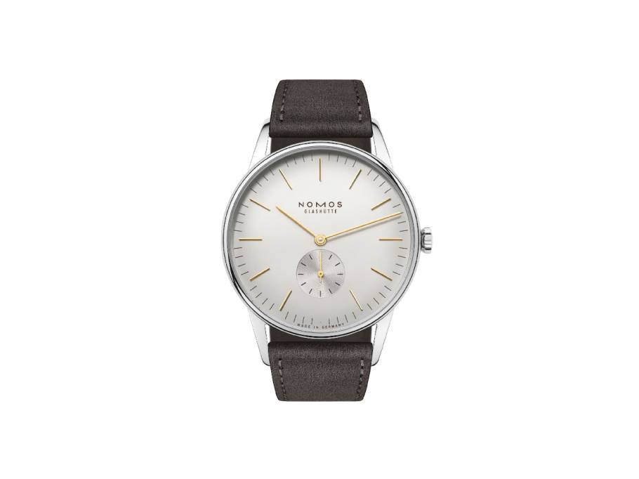 Orion 38 Silber Handaufzug Edelstahl 38mm silberfarbenes Zifferblatt braunes Lederband Glasboden