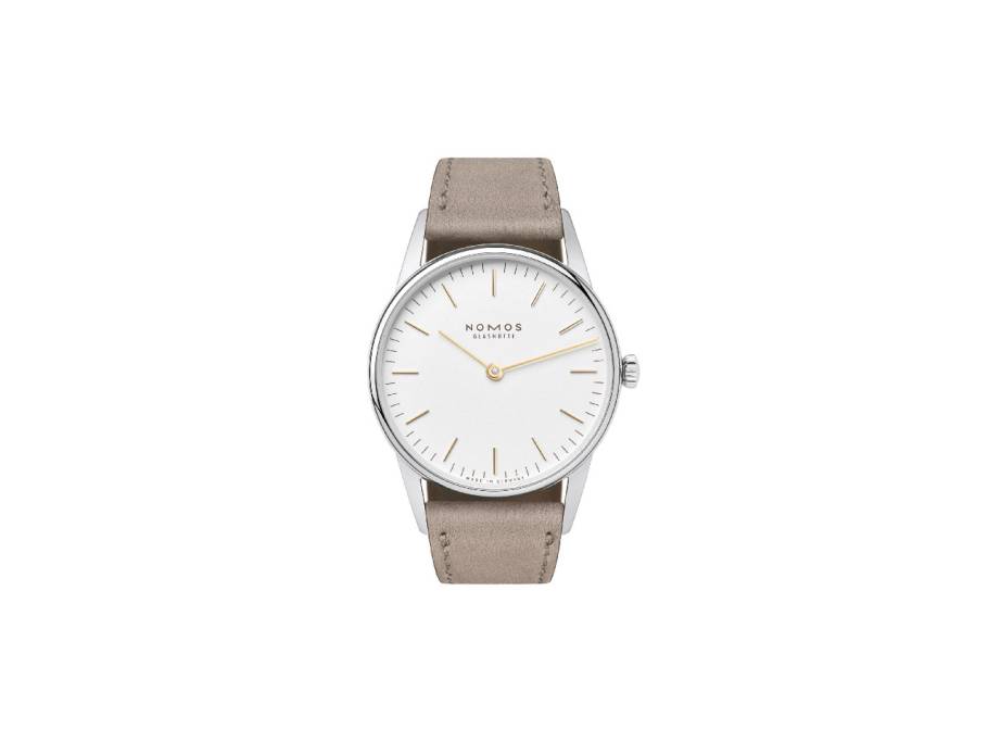Orion 33 Duo Handaufzug Edelstahl 33mm weißes Zifferblatt beiges Lederband Stahlboden