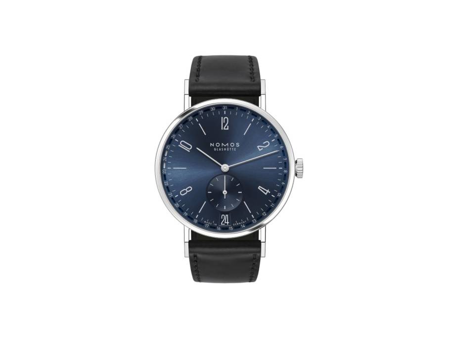 Tangente 2date Handaufzug Edelstahl 38mm blaues Zifferblatt schwarzes Lederband Glasboden