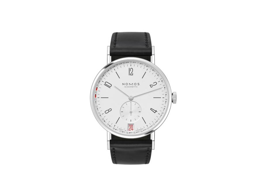 Tangente 2date Handaufzug Edelstahl 38mm weißes Zifferblatt schwarzes Lederband Glasboden