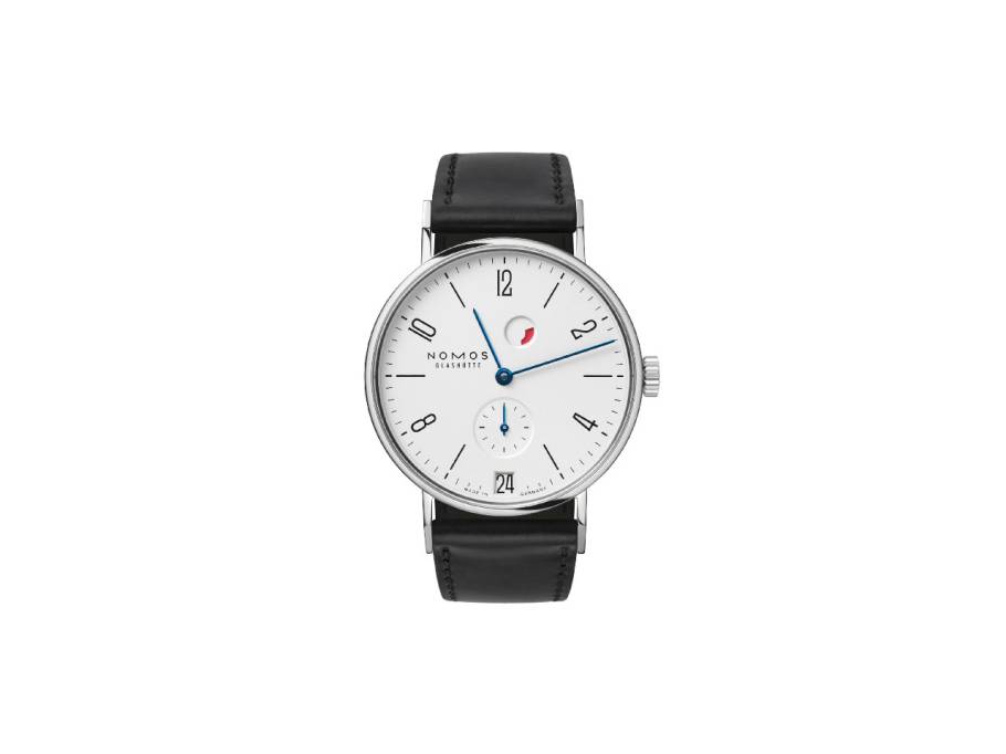 Tangente 35 Datum Gangreserve Handaufzug Edelstahl 35mm weißes Zifferblatt schwarzes Lederband Glasboden