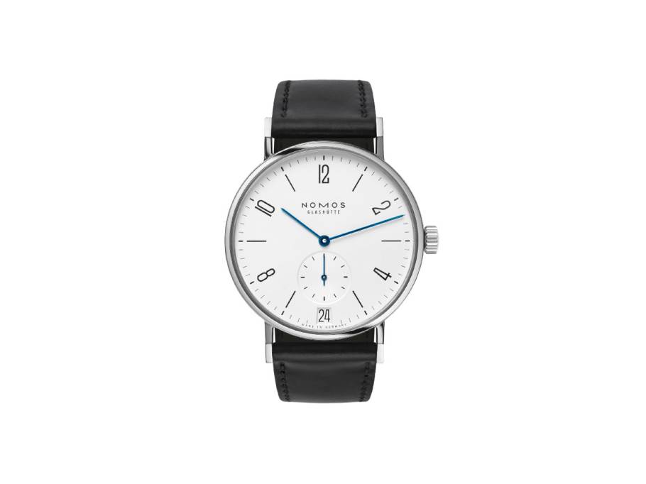 Tangomat Datum Automatik Edelstahl 38mm weißes Zifferblatt schwarzes Lederband