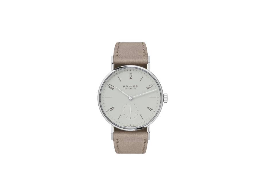 Tangente 33 Handaufzug Edelstahl 33mm graues Zifferblatt beiges Lederband Glasboden