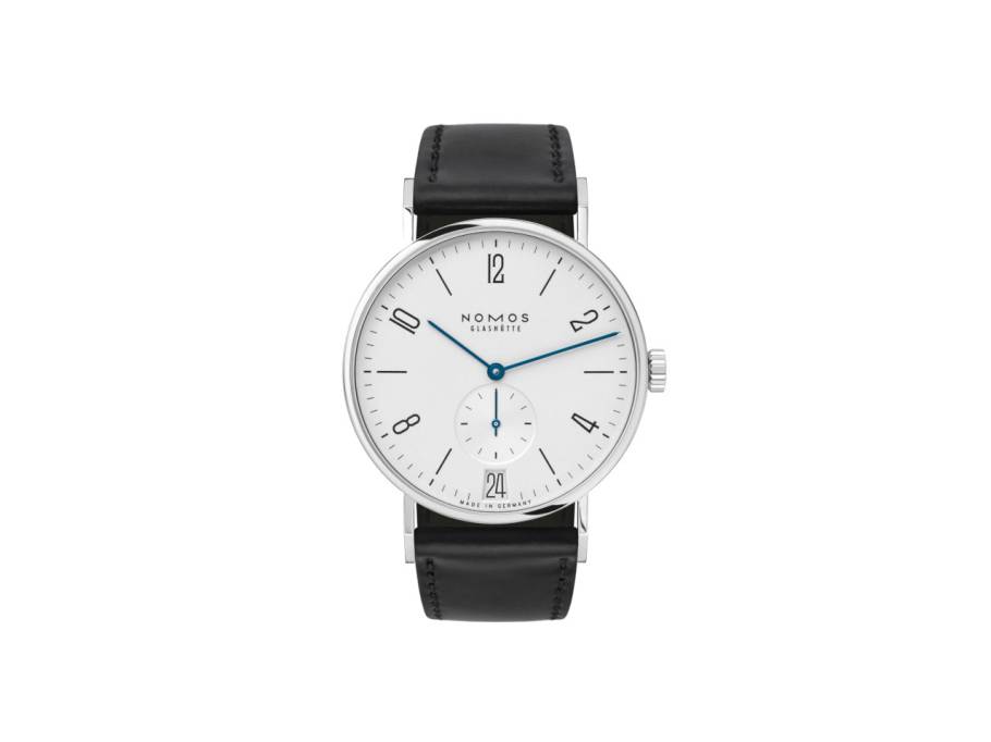 Tangente 38 Datum Handaufzug Edelstahl 38mm weißes Zifferblatt schwarzes Lederband Glasboden
