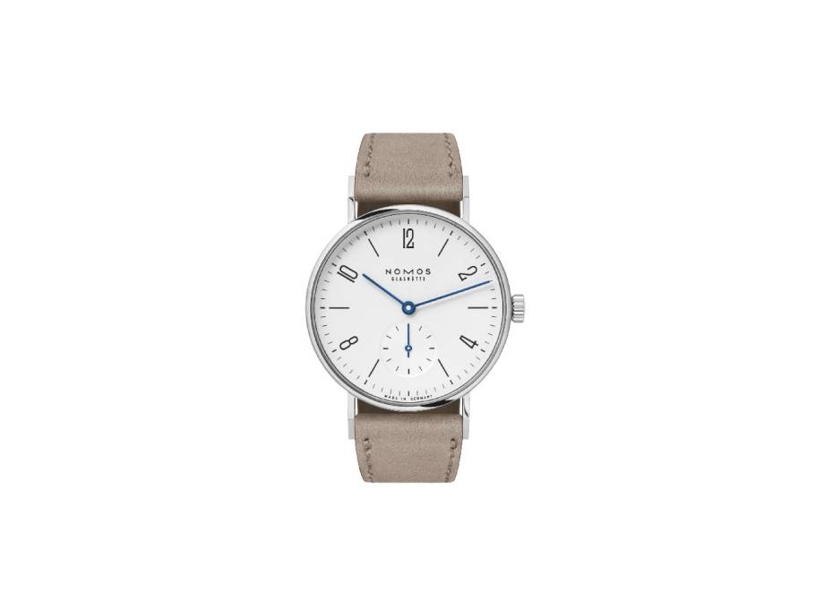 Tangente 33 Handaufzug Edelstahl 33mm weißes Zifferblatt beiges Lederband Stahlboden