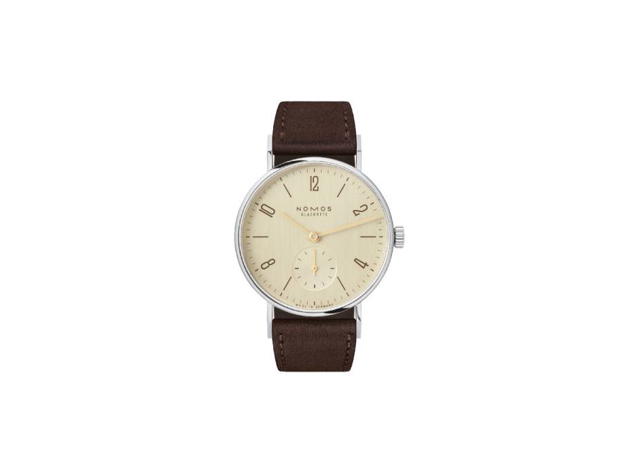 Tangente 33 Karat Handaufzug Edelstahl 33mm vergoldetes Zifferblatt braunes Lederband Glasboden
