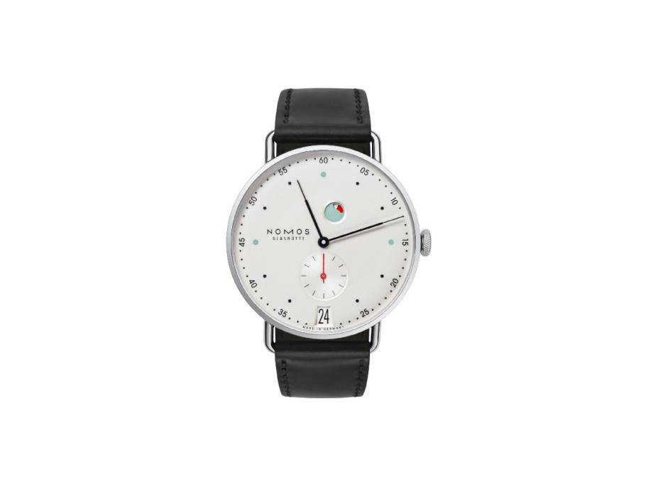 Metro Datum Gangreserve Handaufzug Edelstahl 37mm weißes Zifferblatt schwarzes Lederband