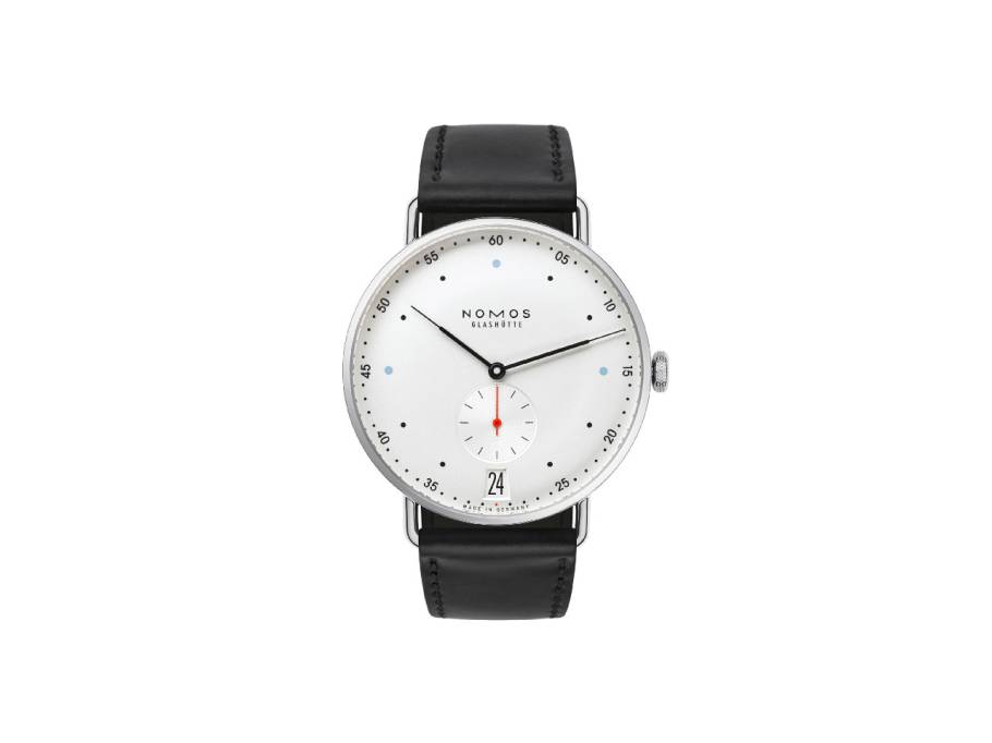 Metro 38 Datum Handaufzug Edelstahl 38mm weißes Zifferblatt schwarzes Lederband