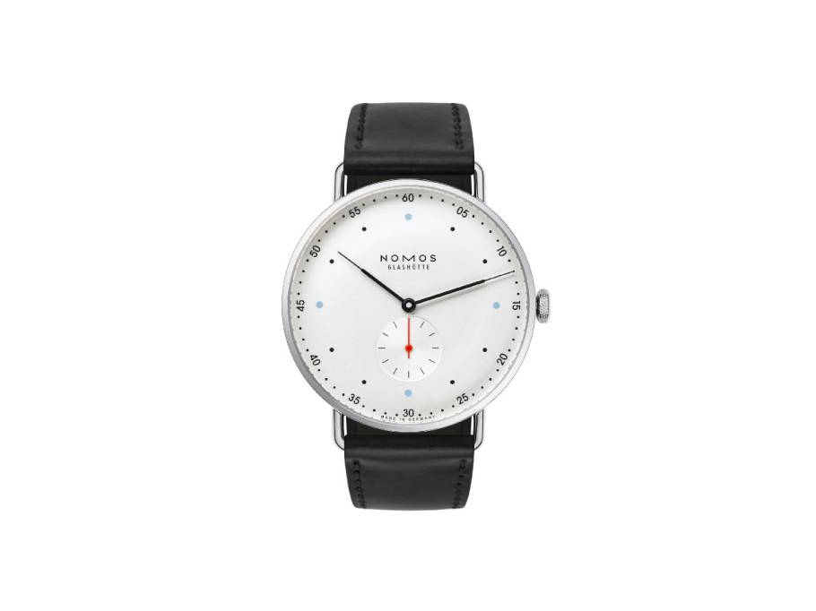 Metro 38 Handaufzug Edelstahl 38mm weißes Zifferblatt schwarzes Lederband Glasboden