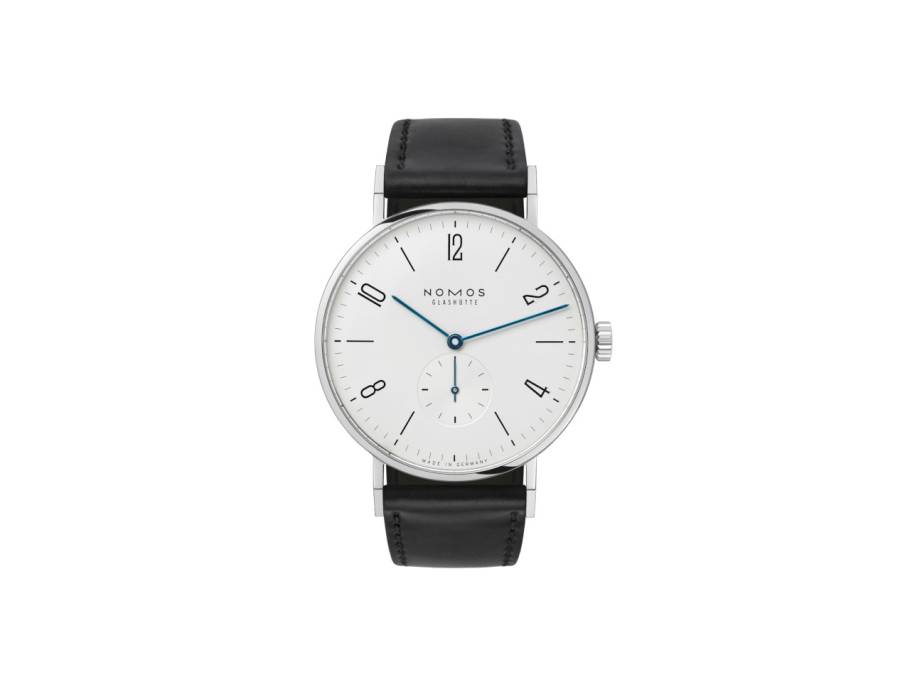 Tangente 38 Handaufzug Edelstahl 38mm weißes Zifferblatt schwarzes Lederband Stahlboden