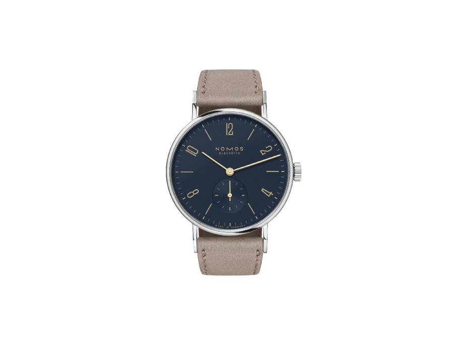 Tangente 35 Nachtblau Handaufzug Edelstahl 35mm blaues Zifferblatt beiges Lederband Glasboden