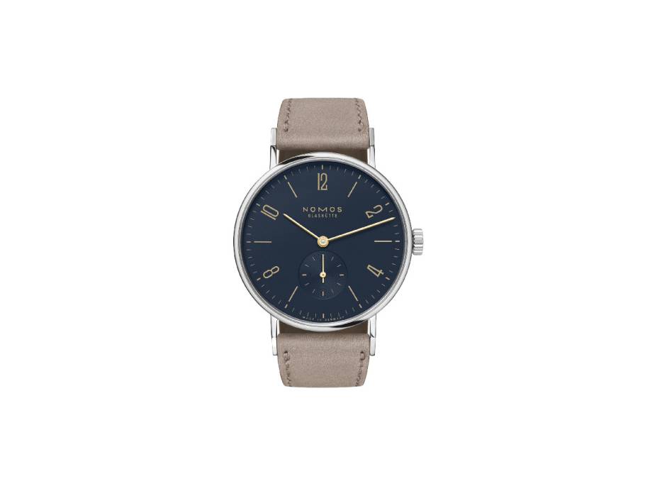 Tangente 35 Nachtblau Handaufzug Edelstahl 35mm blaues Zifferblatt beiges Lederband Stahlboden