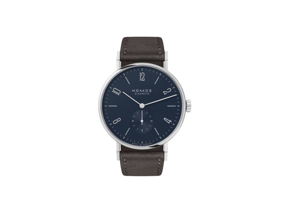 Tangente 38 Nachtblau Handaufzug Edelstahl 38mm blaues Zifferblatt schwarzes Lederband Glasboden