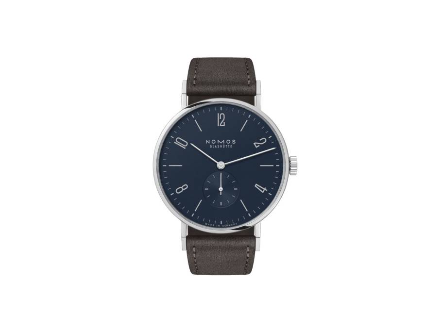 Tangente 38 Nachtblau Handaufzug Edelstahl 38mm blaues Zifferblatt schwarzes Lederband Stahlboden