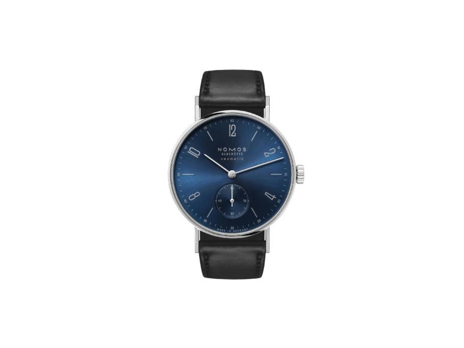 Tangente 35 neomatik Blaugold Automatik Edelstahl 35mm blaues Zifferblatt schwarzes Lederband Glasboden