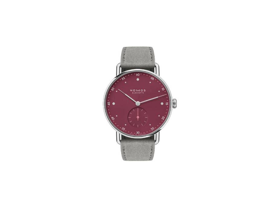Metro 33 Muted Red Handaufzug Edelstahl 33mm rotes Zifferblatt graues Lederband Glasboden