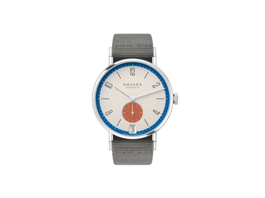 Tangente 38 Datum "175 Years Watchmaking - Zirkus" Handaufzug Edelstahl cremeweißes Zifferblatt graues Textilband Glasboden