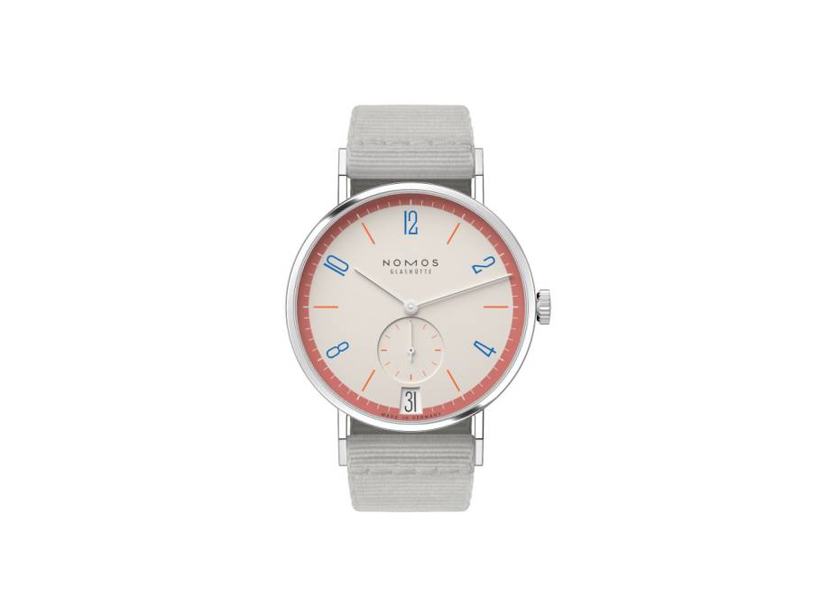 Tangente 38 Datum "175 Years Watchmaking - Love" Handaufzug Edelstahl cremeweißes Zifferblatt graues Textilband Glasboden