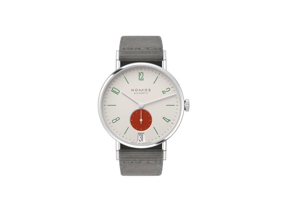 Tangente 38 Datum "175 Years Watchmaking - Stop" Handaufzug Edelstahl cremeweißes Zifferblatt graues Textilband Glasboden