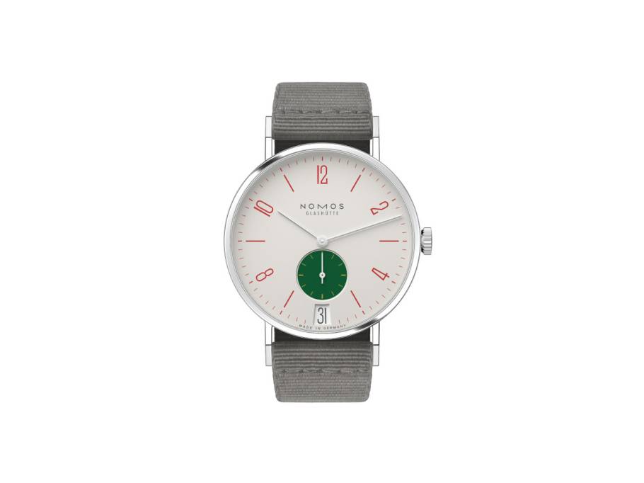 Tangente 38 Datum "175 Years Watchmaking - Go" Handaufzug Edelstahl cremeweißes Zifferblatt graues Textilband Glasboden