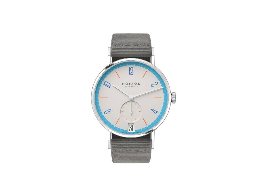 Tangente 38 Datum "175 Years Watchmaking - Peace" Handaufzug Edelstahl cremeweißes Zifferblatt graues Textilband Glasboden