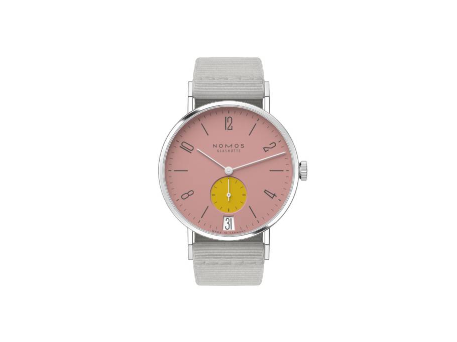 Tangente 38 Datum "175 Years Watchmaking - Bubblegum" Handaufzug Edelstahl rosa Zifferblatt graues Textilband Glasboden