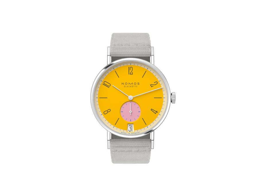 Tangente 38 Datum "175 Years Watchmaking - Katzengold" Handaufzug Edelstahl gelbes Zifferblatt graues Textilband Glasboden