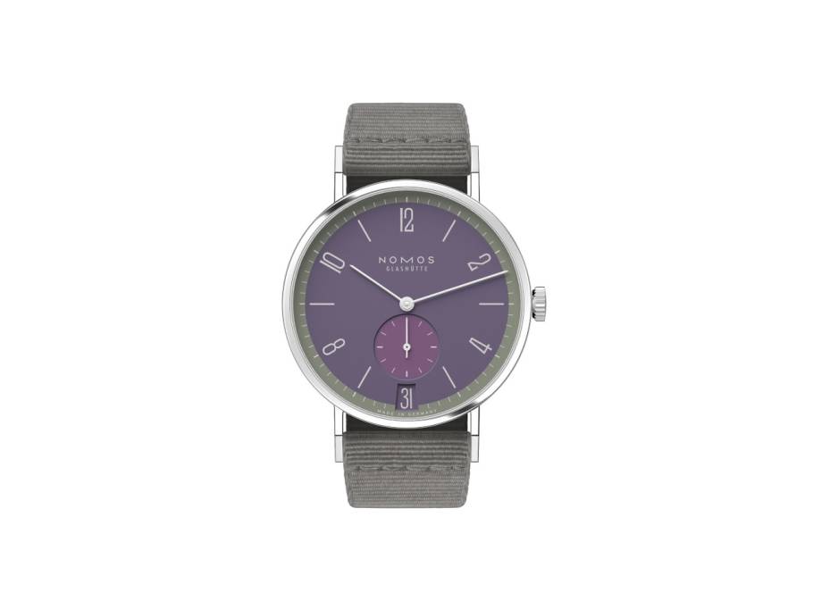 Tangente 38 Datum "175 Years Watchmaking - Mauvegrün" Handaufzug Edelstahl violettes Zifferblatt graues Textilband Glasboden