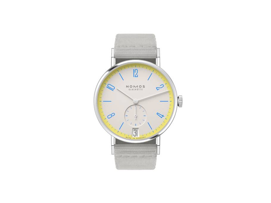 Tangente 38 Datum "175 Years Watchmaking - Lemonbiscuit" Handaufzug Edelstahl cremeweißes Zifferblatt graues Textilband Glasboden