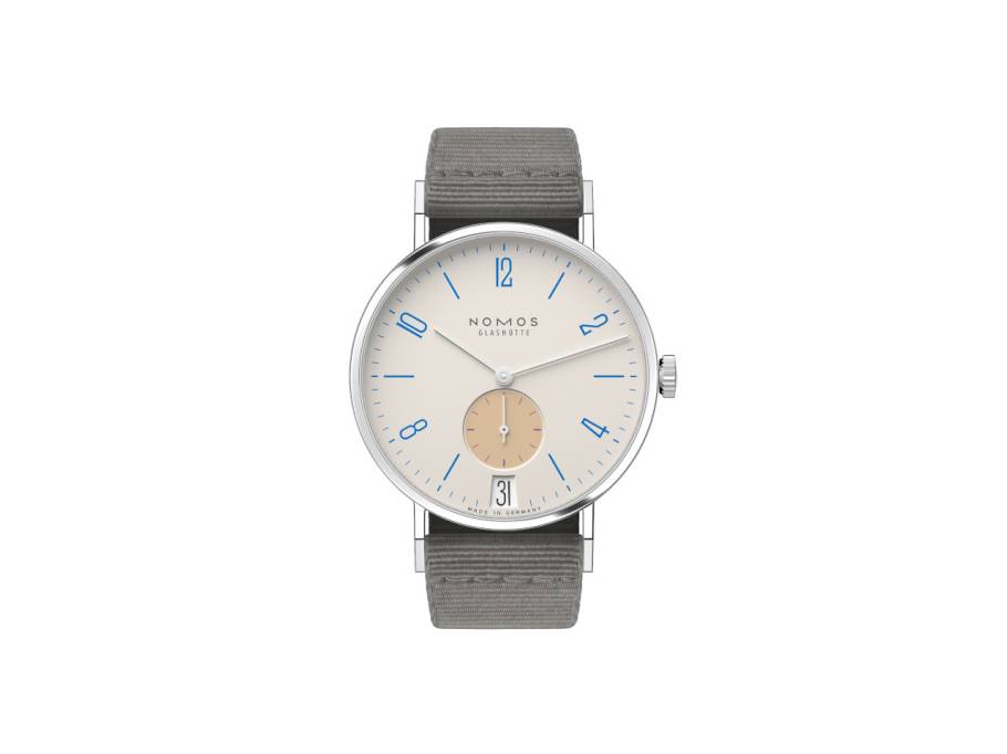 Tangente 38 Datum "175 Years Watchmaking - Schulhausweiß" Handaufzug Edelstahl cremeweißes Zifferblatt graues Textilband Glasboden