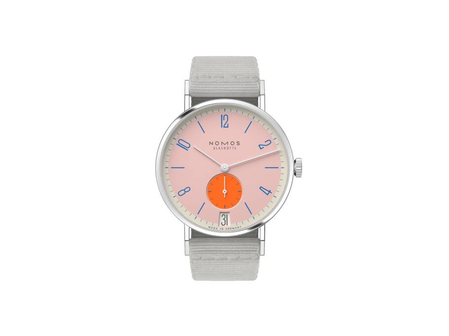 Tangente 38 Datum "175 Years Watchmaking - Flamingopink" Handaufzug Edelstahl rosa Zifferblatt graues Textilband Glasboden