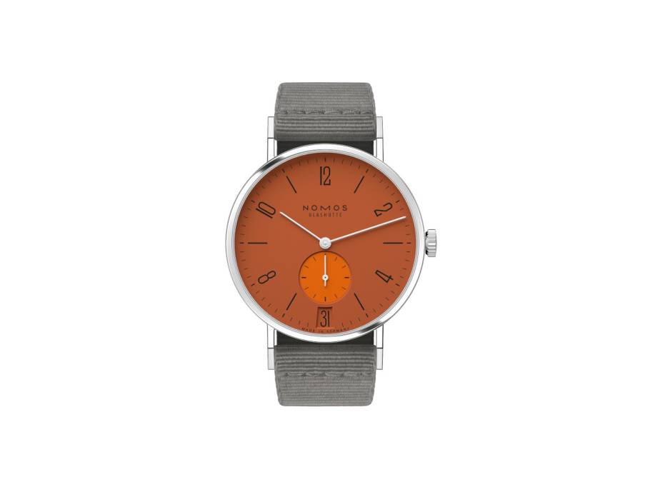 Tangente 38 Datum "175 Years Watchmaking - Poporange" Handaufzug Edelstahl orangenes Zifferblatt graues Textilband Glasboden