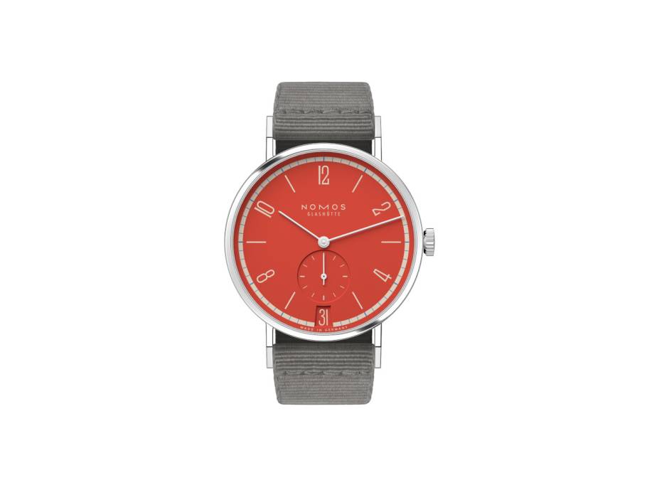 Tangente 38 Datum "175 Years Watchmaking - Rambazamba" Handaufzug Edelstahl rotes Zifferblatt graues Textilband Glasboden