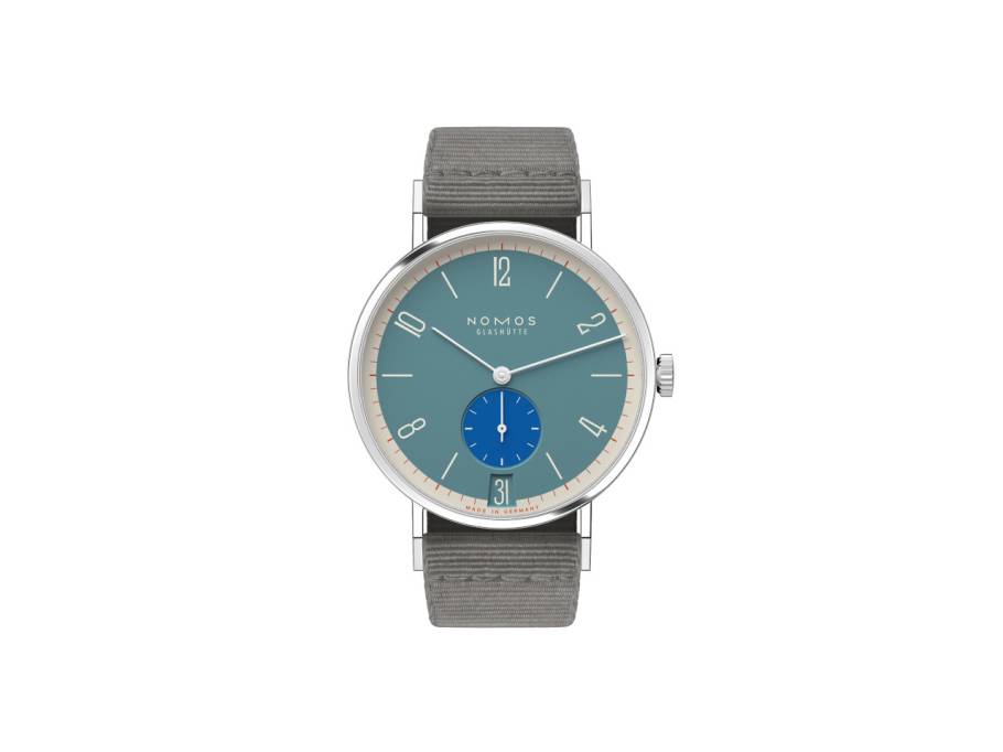 Tangente 38 Datum "175 Years Watchmaking - Super Sardine" Handaufzug Edelstahl blaues Zifferblatt graues Textilband Glasboden