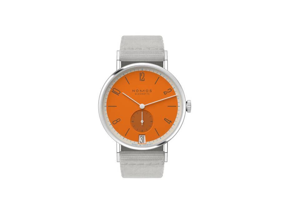 Tangente 38 Datum "175 Years Watchmaking - Boje" Handaufzug Edelstahl orangenes Zifferblatt graues Textilband Glasboden