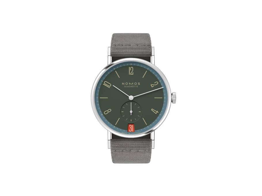 Tangente 38 Datum "175 Years Watchmaking - Lakritze" Handaufzug Edelstahl graues Zifferblatt graues Textilband Glasboden