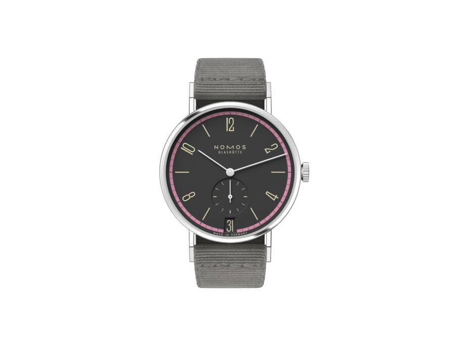 Tangente 38 Datum "175 Years Watchmaking - Tiefseegrau" Handaufzug Edelstahl schwarzes Zifferblatt graues Textilband Glasboden