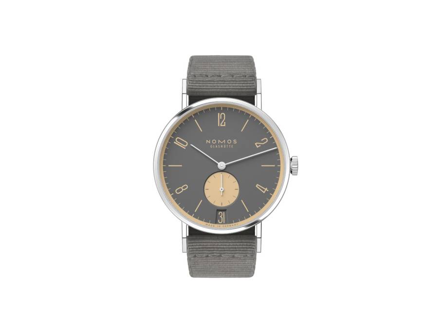 Tangente 38 Datum "175 Years Watchmaking - Haifischgrau" Handaufzug Edelstahl graues Zifferblatt graues Textilband Glasboden