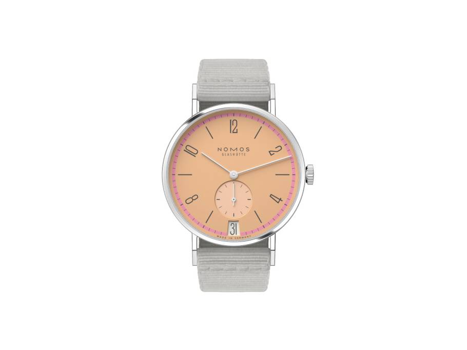 Tangente 38 Datum "175 Years Watchmaking - Pastell" Handaufzug Edelstahl korallfarbenes Zifferblatt graues Textilband Glasboden
