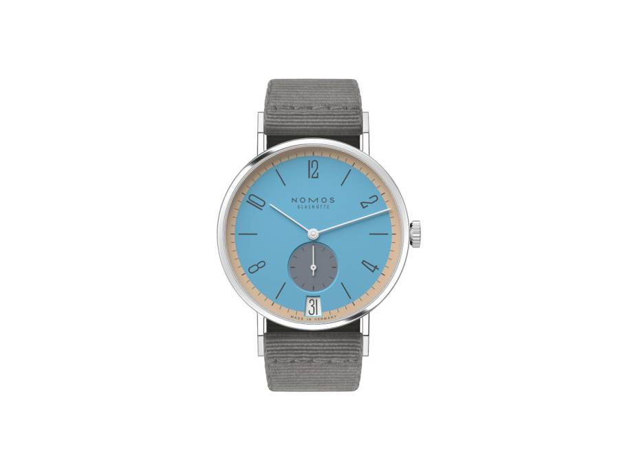 Tangente 38 Datum "175 Years Watchmaking - Delfin" Handaufzug Edelstahl blaues Zifferblatt graues Textilband Glasboden