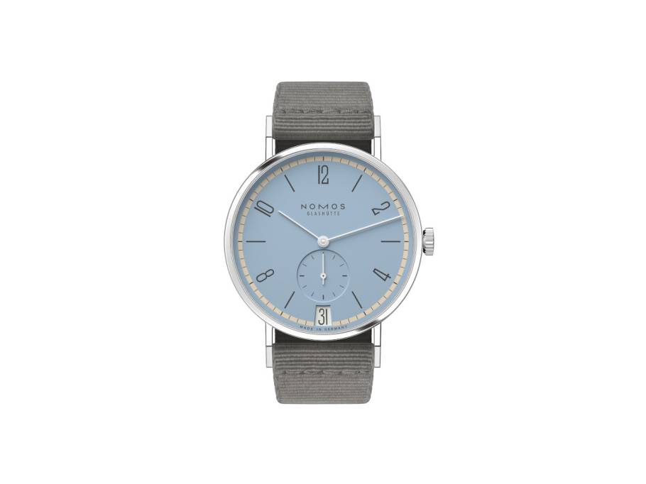 Tangente 38 Datum "175 Years Watchmaking - Frostblau" Handaufzug Edelstahl eisblaues Zifferblatt graues Textilband Glasboden
