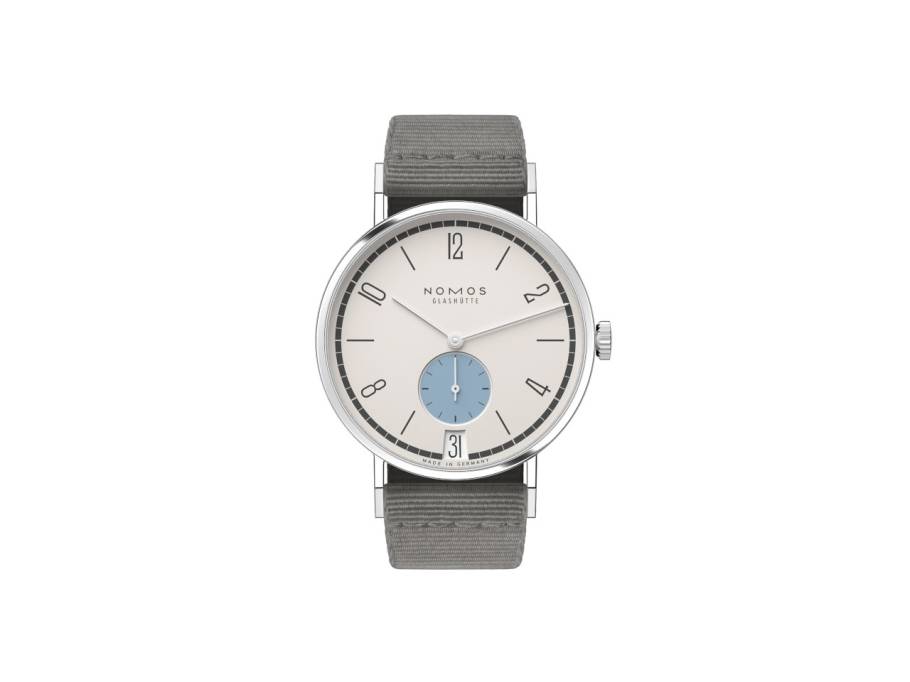 Tangente 38 Datum "175 Years Watchmaking - Schneesturm" Handaufzug Edelstahl cremeweißes Zifferblatt graues Textilband Glasboden