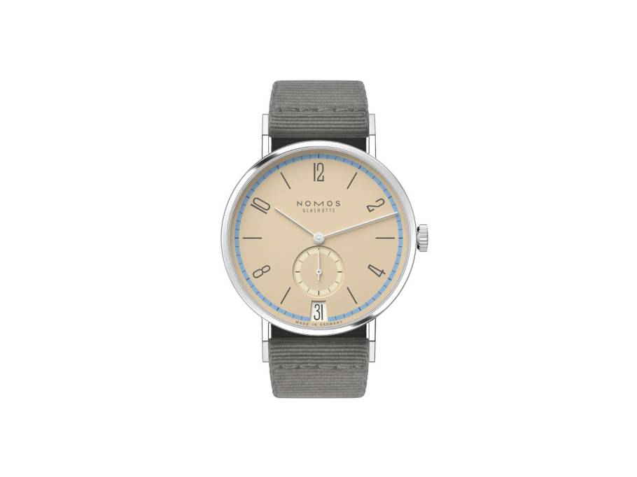 Tangente 38 Datum "175 Years Watchmaking - Ariel" Handaufzug Edelstahl sandfarbenes Zifferblatt graues Textilband Glasboden