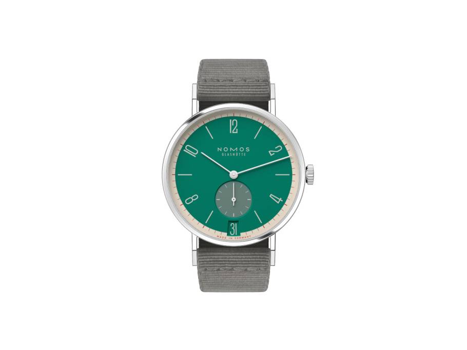 Tangente 38 Datum "175 Years Watchmaking - Schlossgrün" Handaufzug Edelstahl grünes Zifferblatt graues Textilband Glasboden