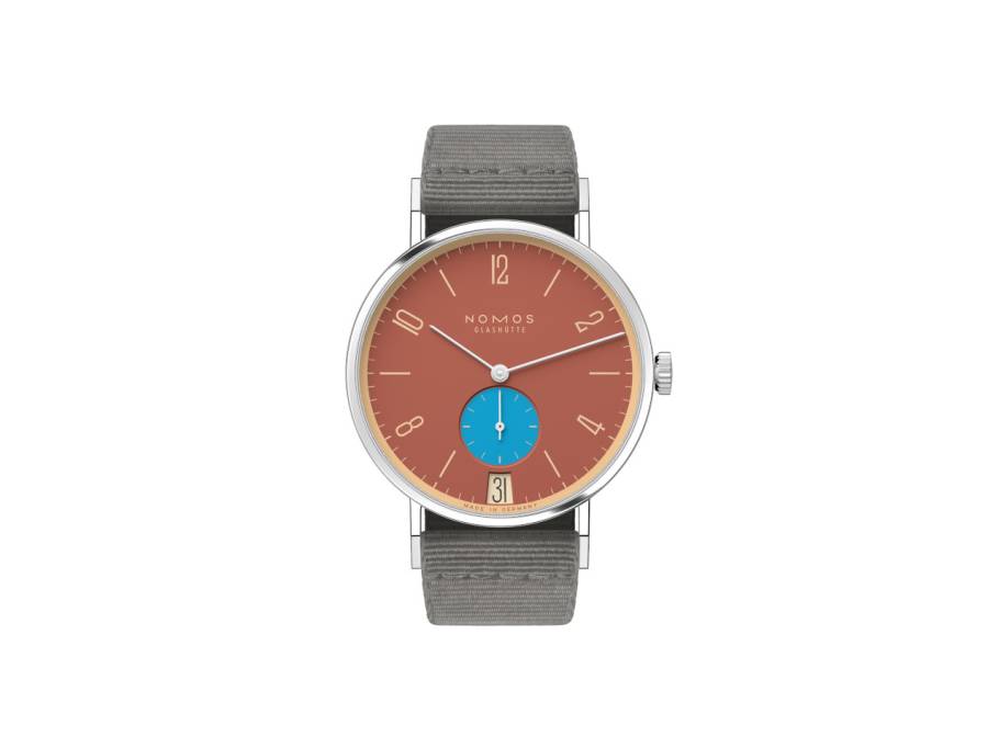 Tangente 38 Datum "175 Years Watchmaking - Ziegelblau" Handaufzug Edelstahl rotes Zifferblatt graues Textilband Glasboden