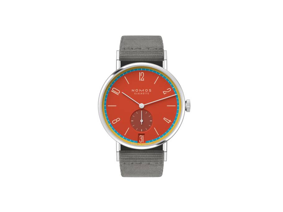 Tangente 38 Datum "175 Years Watchmaking - Sportbunt" Handaufzug Edelstahl rotes Zifferblatt graues Textilband Glasboden