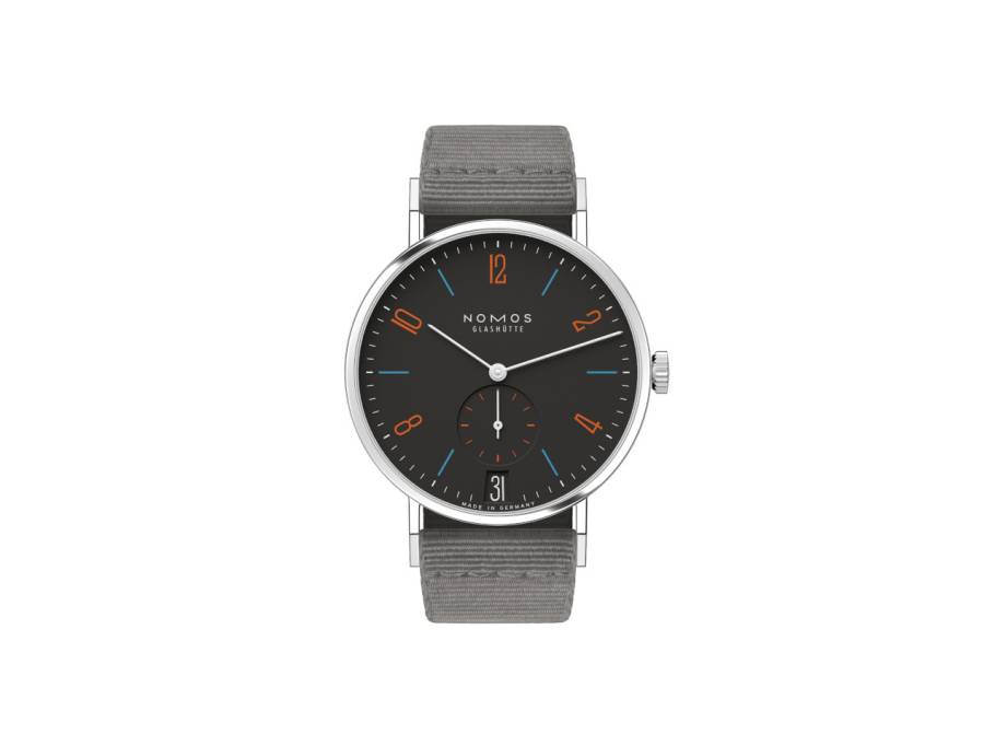 Tangente 38 Datum "175 Years Watchmaking - Dunkelbunt" Handaufzug Edelstahl schwarzes Zifferblatt graues Textilband Glasboden